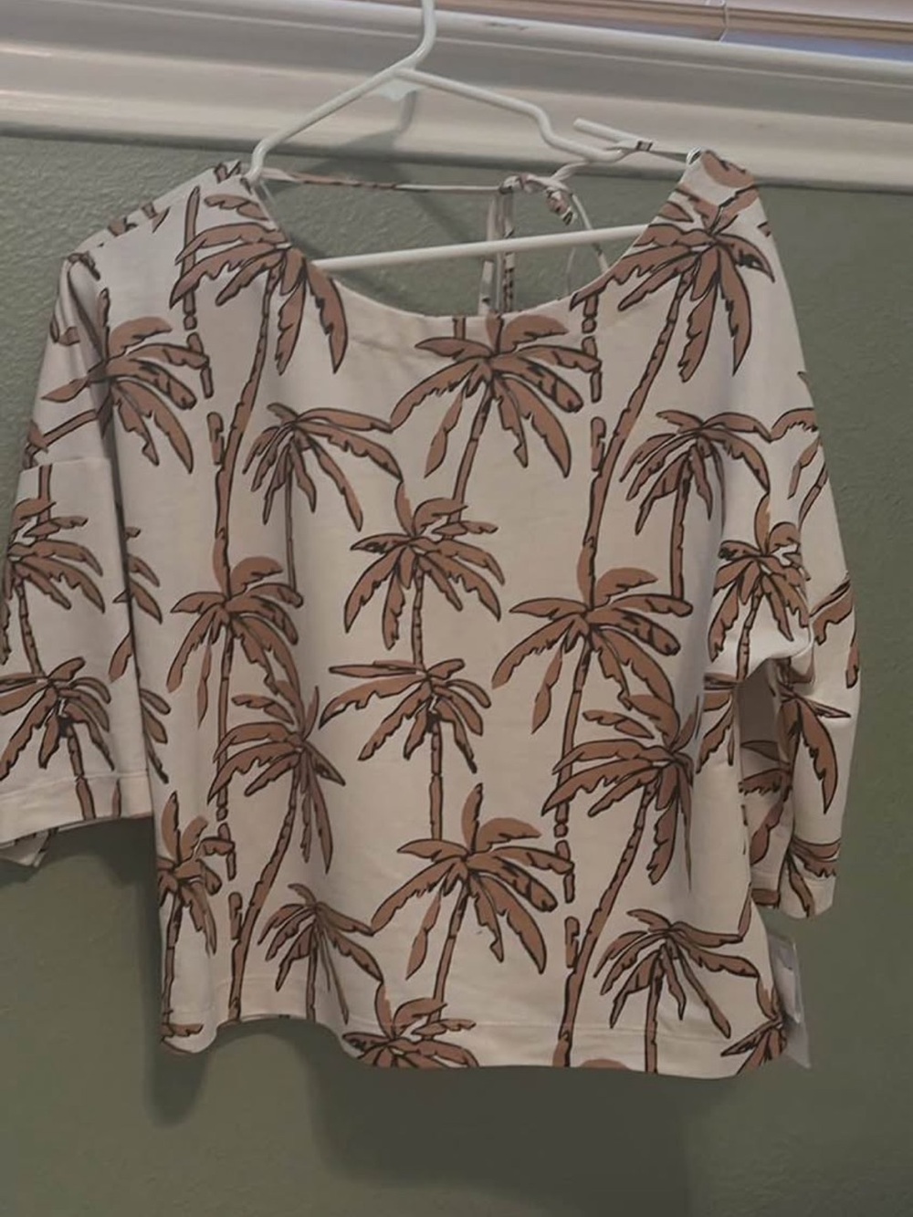 Palm Print Short Sleeve Women’s Top in Cream and Brown